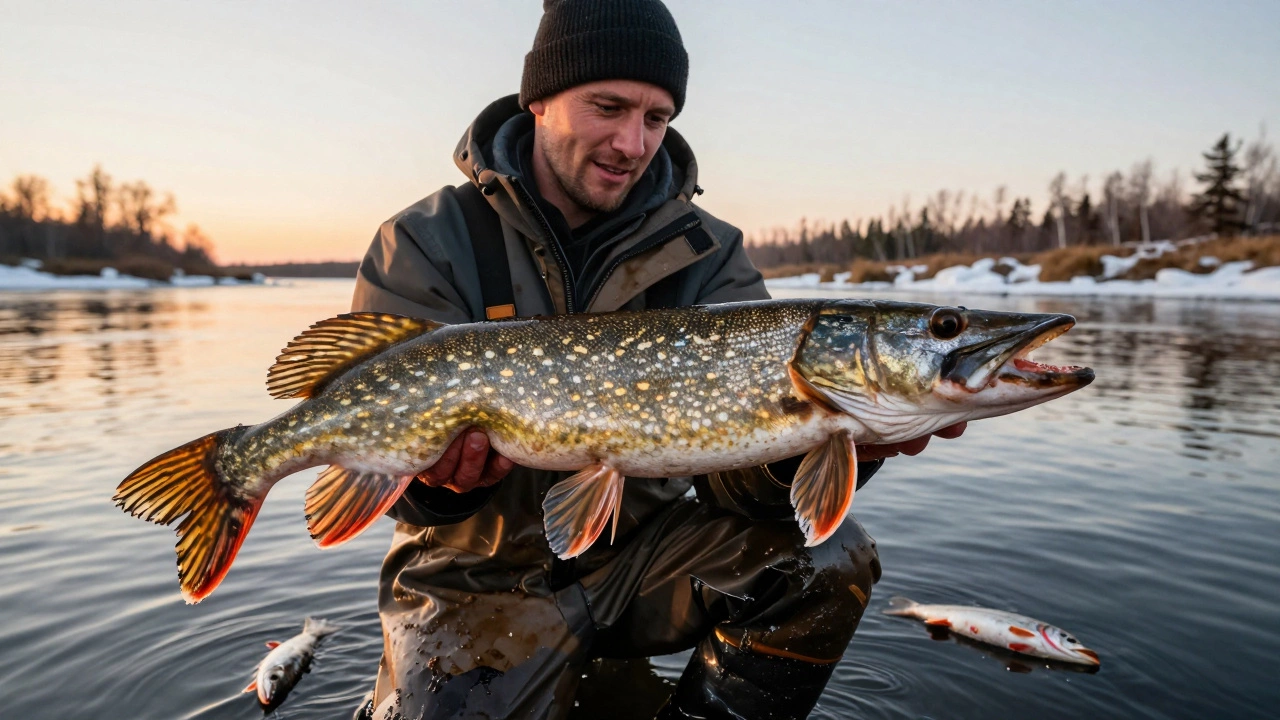 Мужчина держит огромную щуку весом 5,8 кг на фоне реки Чулым при закате.