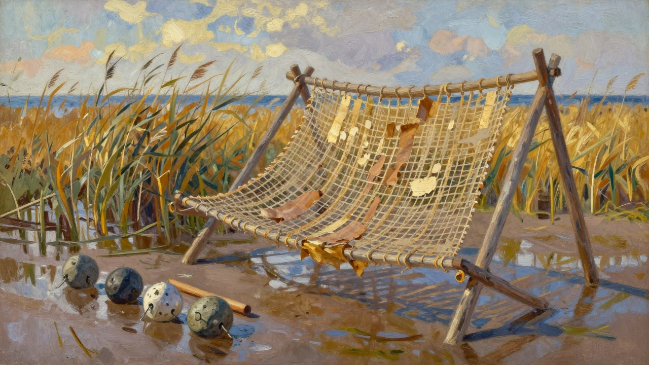 Неолитическая сеть из лыка и коры с каменными грузилами на берегу.