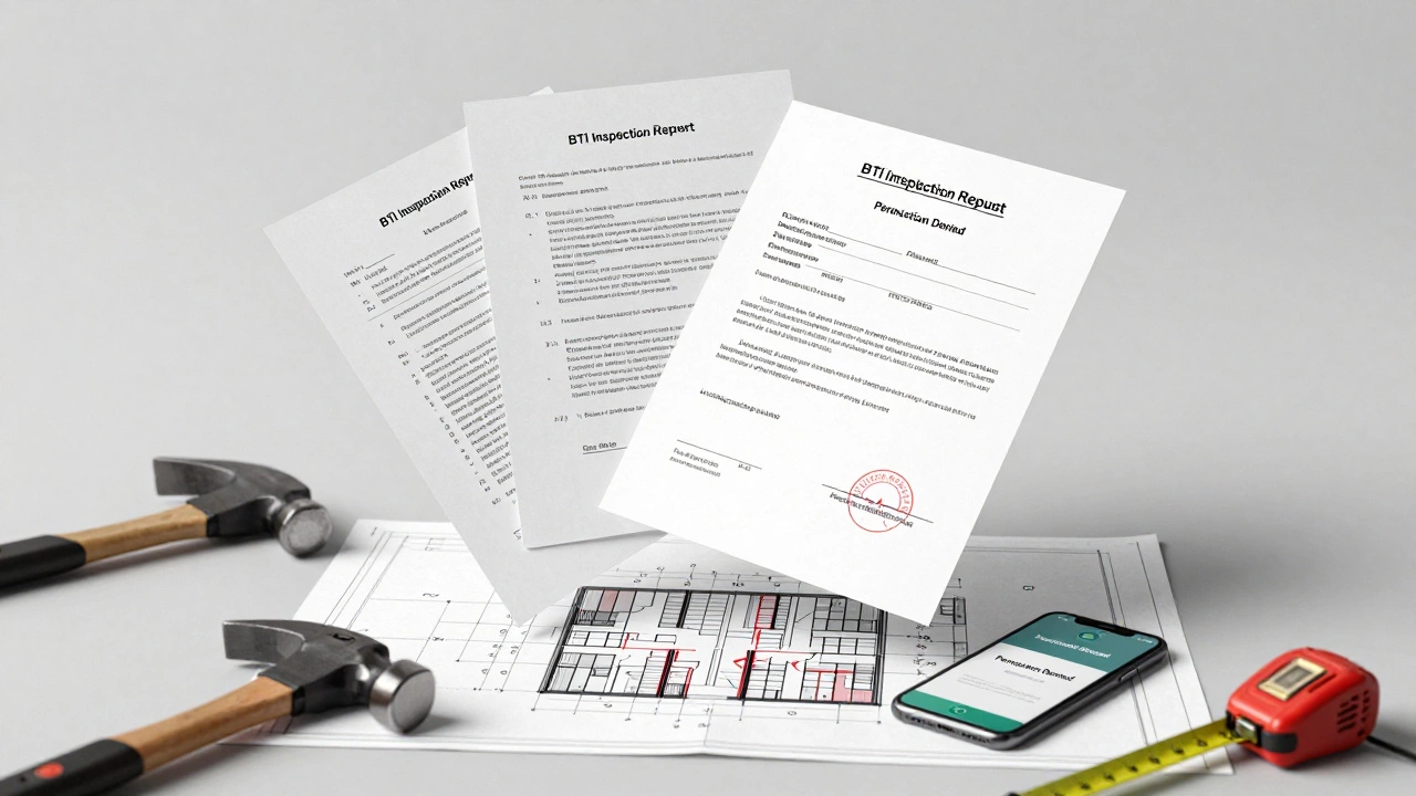 Официальные документы на разрешение перепланировки над чертежом квартиры с пометками, рядом инструменты и уведомление об отказе.