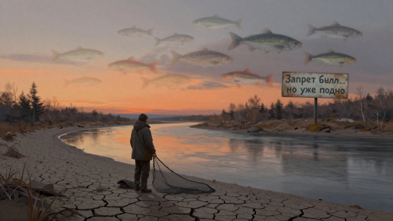 Опустевший берег реки в Сибири с рыбаком, смотрящим на высохшее русло.
