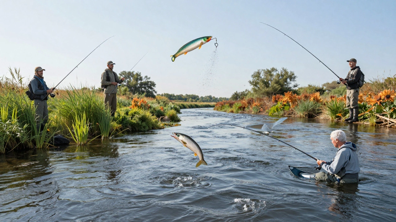 Пять методов рыбалки, объединённые течением реки, символизирующие разнообразие техник.