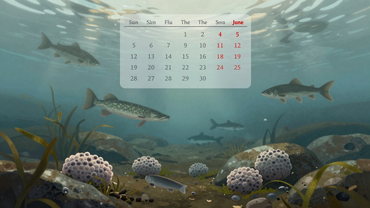 Подводная сцена нереста рыбы среди камней и водорослей в весенний период.