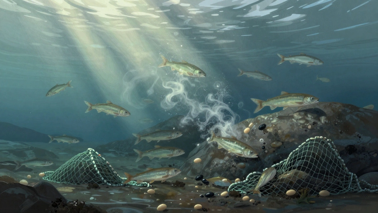 Подводная сцена нереста сига и омуля в сибирском озере, с икрой, рассеивающейся в воде.