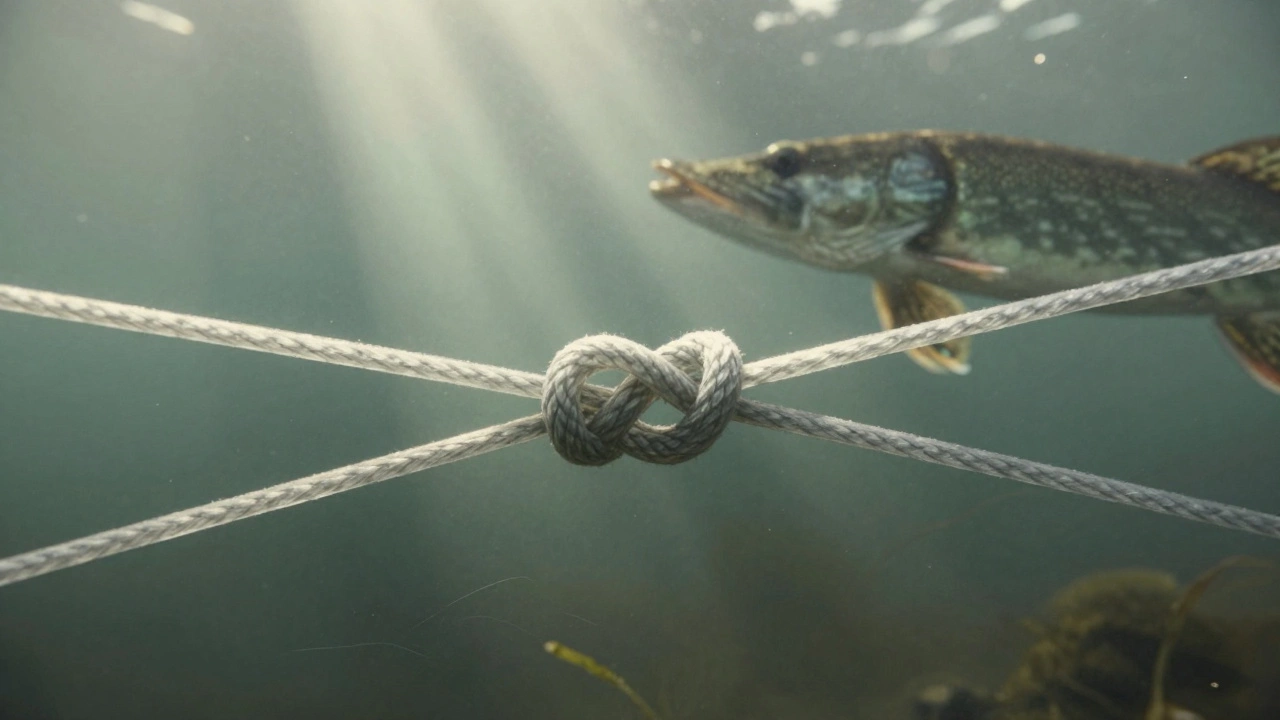 Подводный вид узла, соединяющего две лески, рядом плавает щука.