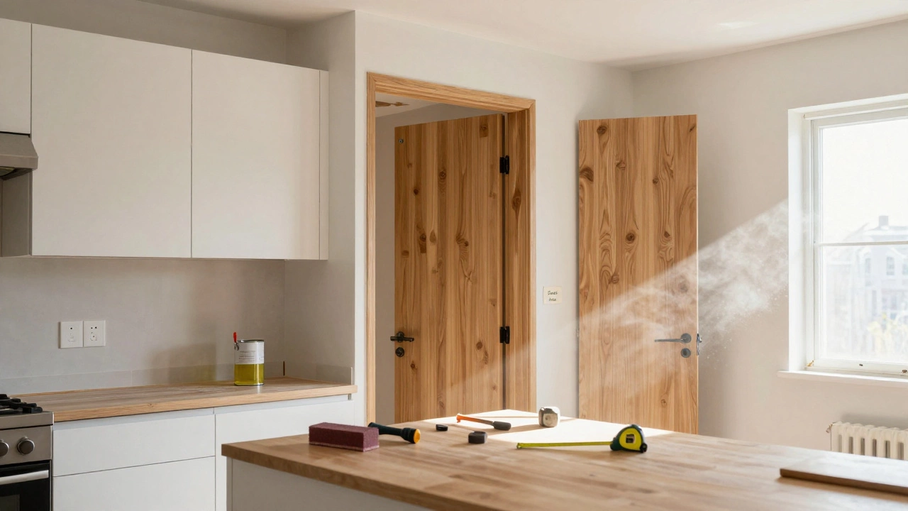 Ремонт кухни: старые фасады убирают, устанавливают новые из массива дерева, солнечный свет и инструменты.