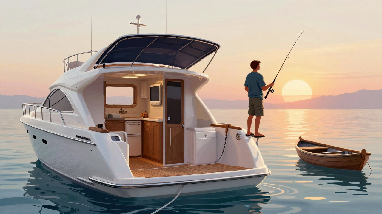 Роскошная яхта с каютой на Чёрном море у рассвета, рыбак на палубе с удочкой.