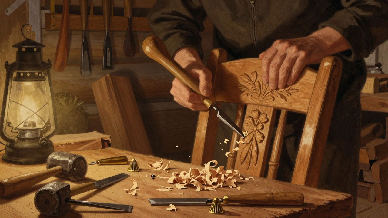 Рука мастера резьбы по дереву, создает узор на спинке стула, рядом инструменты и стружка.