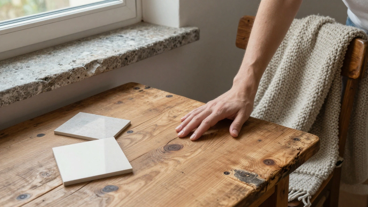 Рука на деревянном столе рядом с каменным подоконником и шерстяным пледом, рядом лежит пластик.
