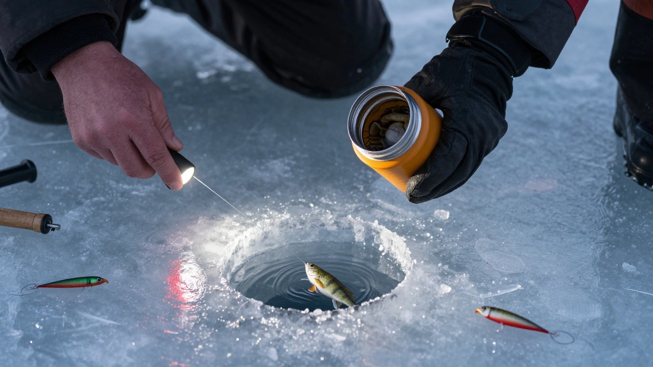 Руки рыбака держат живого мотыля и тонкую леску с пойманной плотвой под льдом.