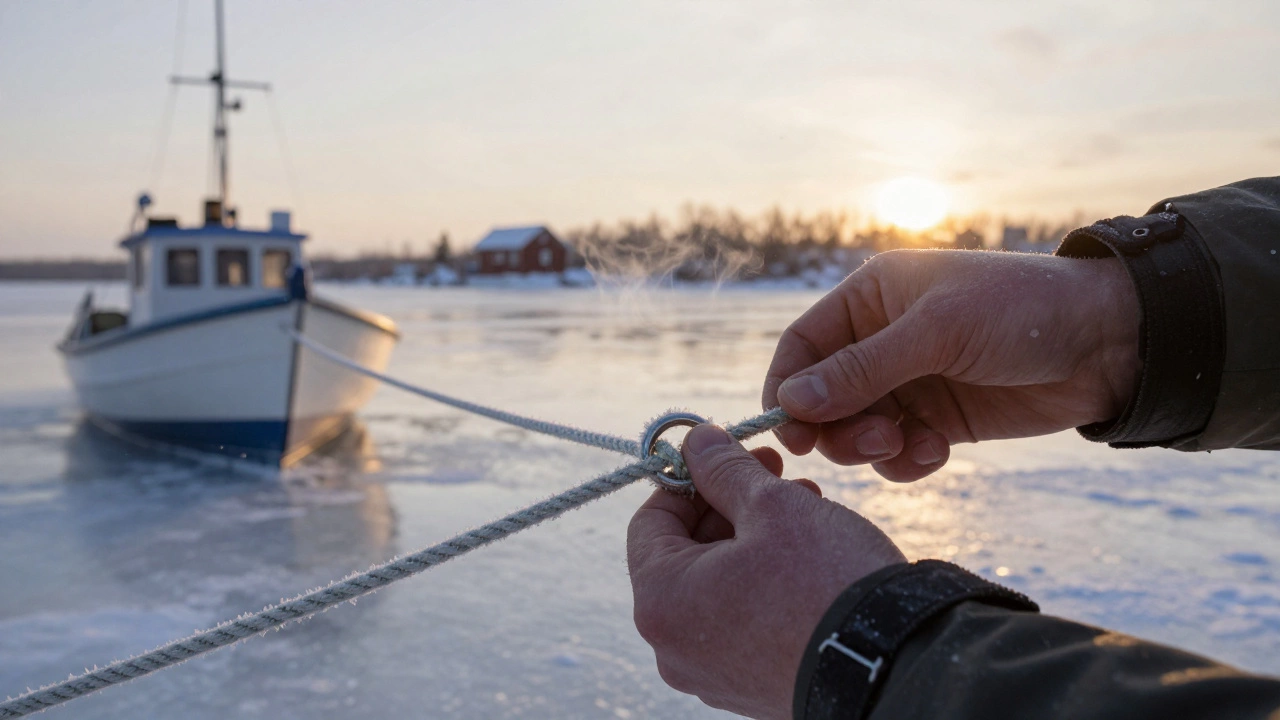 Руки завязывают узел шлюпочный на металлическом кольце на замерзшей реке.