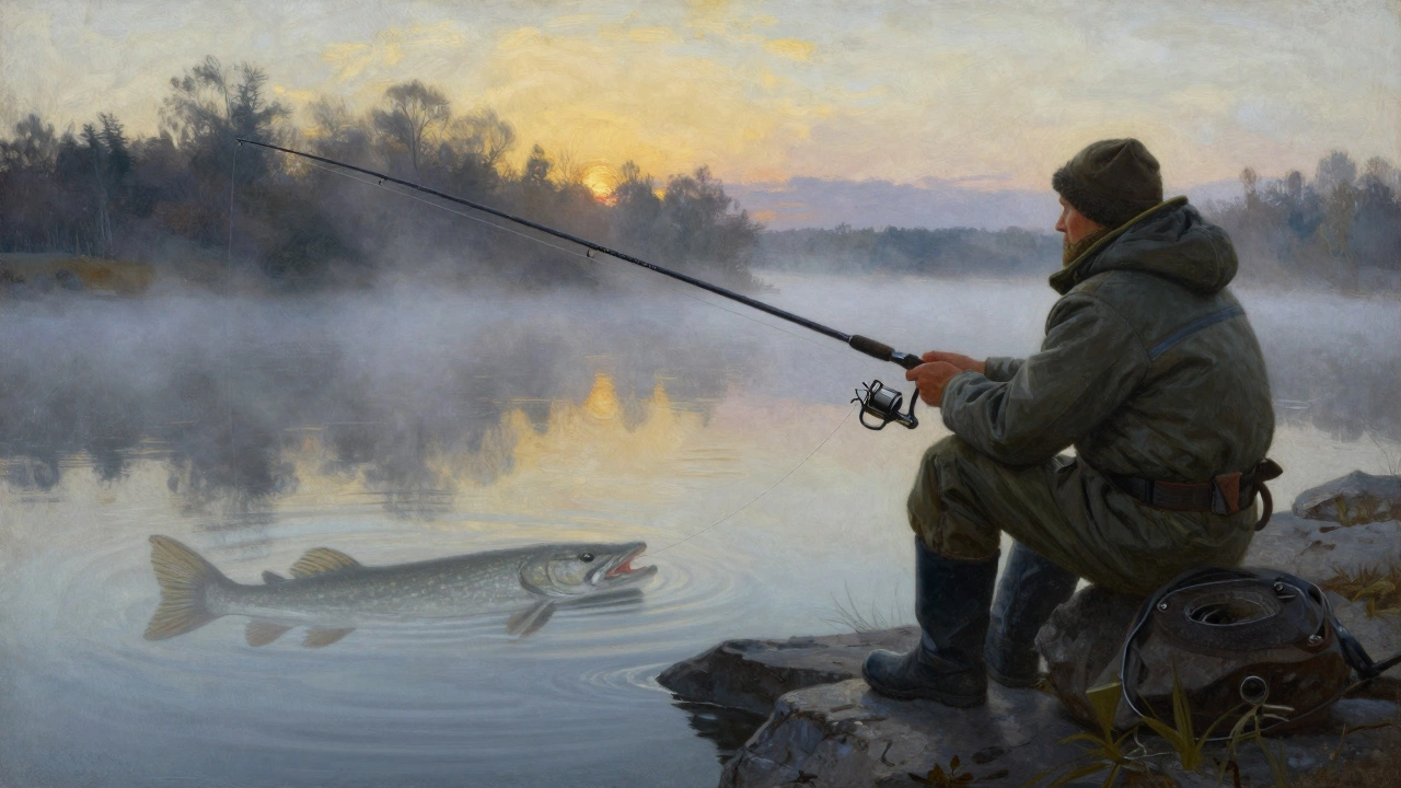Рыбак на берегу реки утром, удочка с узлом Гриннер, в воде — щука, туман и рассвет.