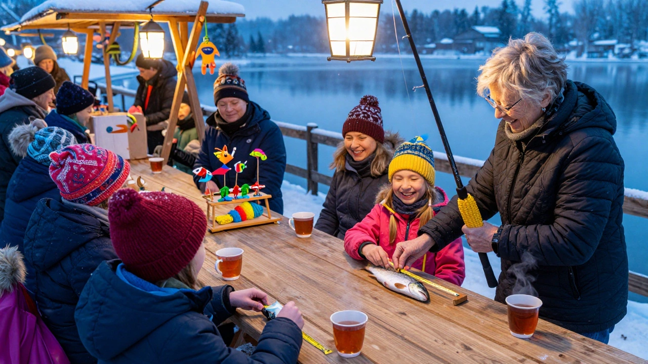 Семейный рыболовный фестиваль на льду озера, дети и пожилые люди измеряют рыбу.