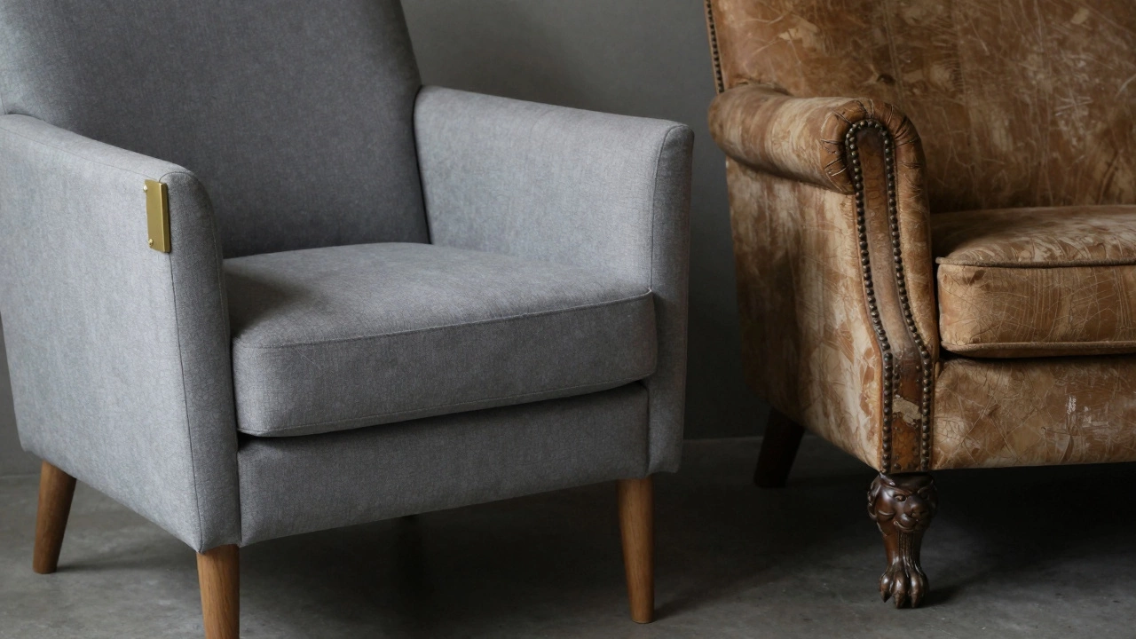 Современное кресло с тонкими скошенными краями и бронзовой накладкой рядом с разрушенной антикварной мебелью.