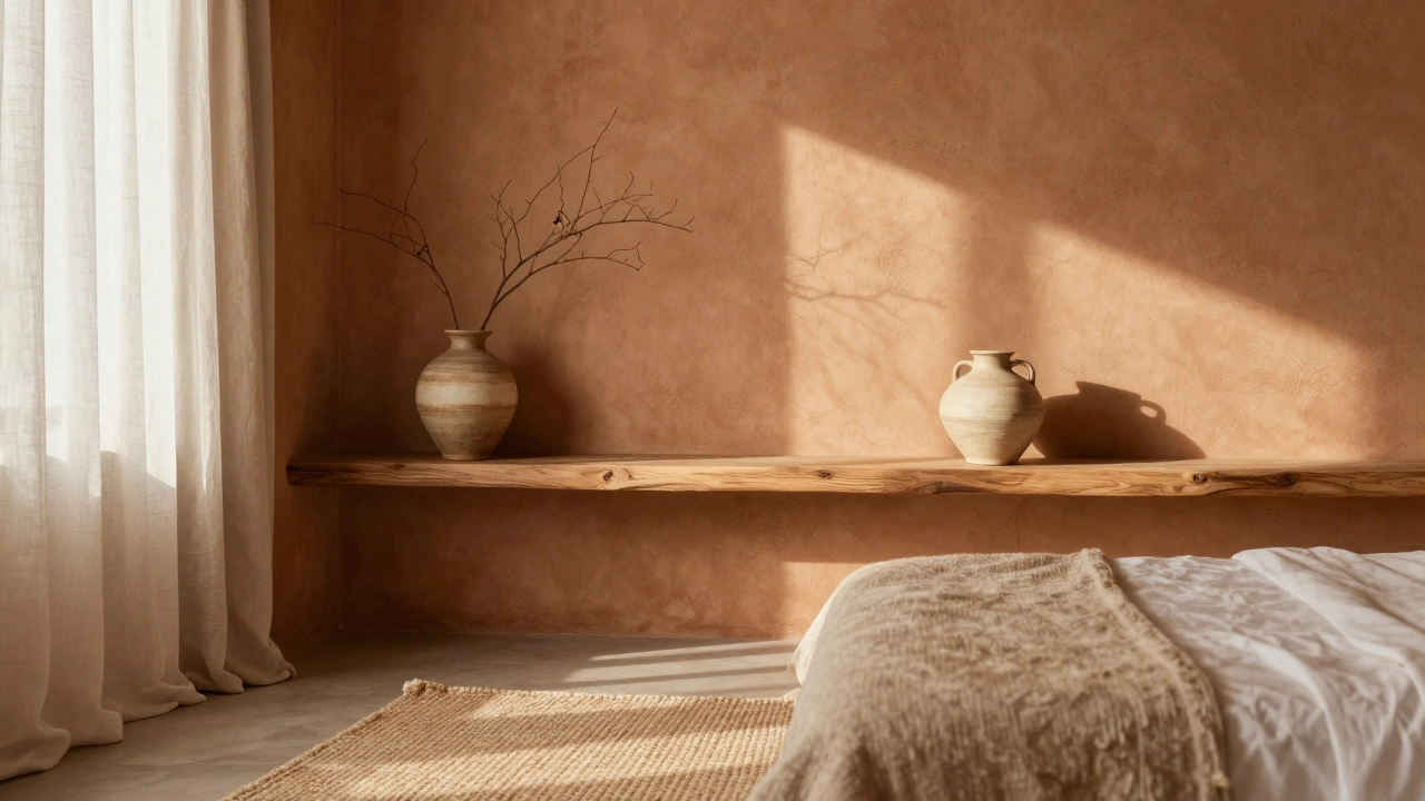 Спальня с терракотовыми стенами, натуральной древесиной и керамикой ручной работы, освещенная утренним светом.