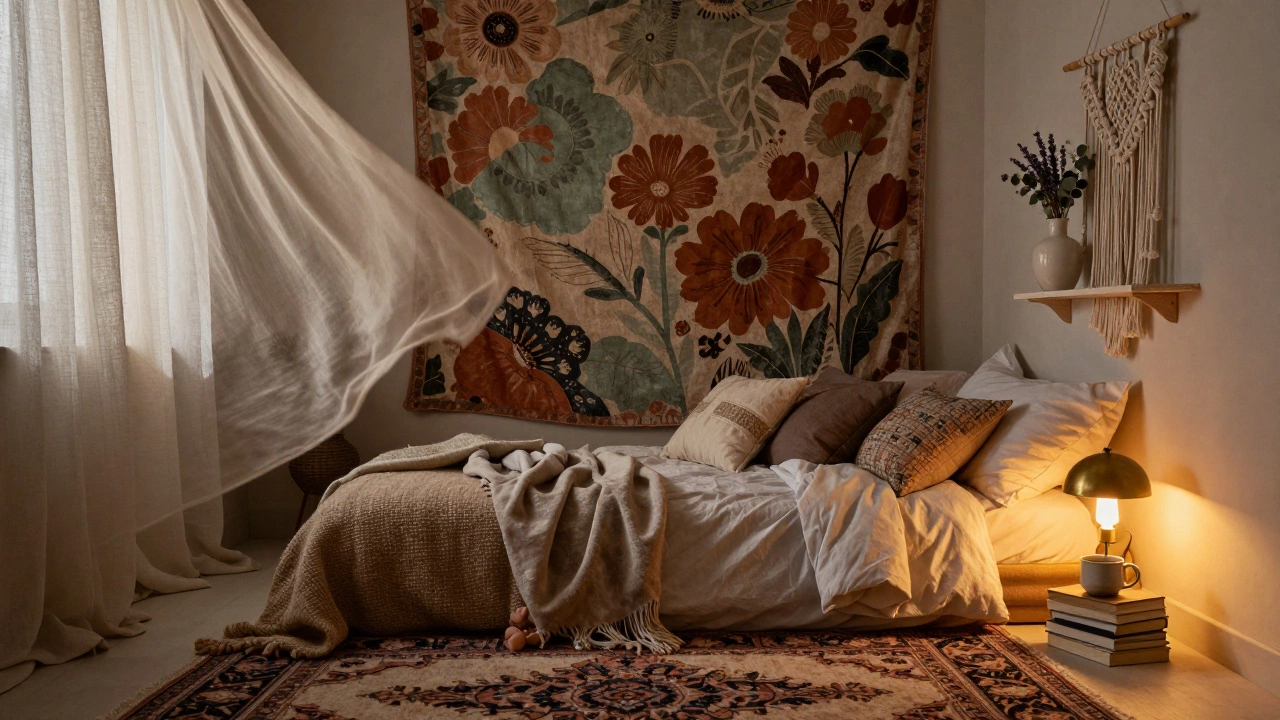 Спальня в стиле бохо с льняными шторами, гобеленом за изголовьем и ковром из натуральных волокон.
