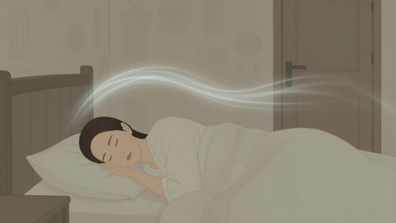Спящий человек в кровати, энергия мягко обтекает её, дверь видна, атмосфера уравновешенности.
