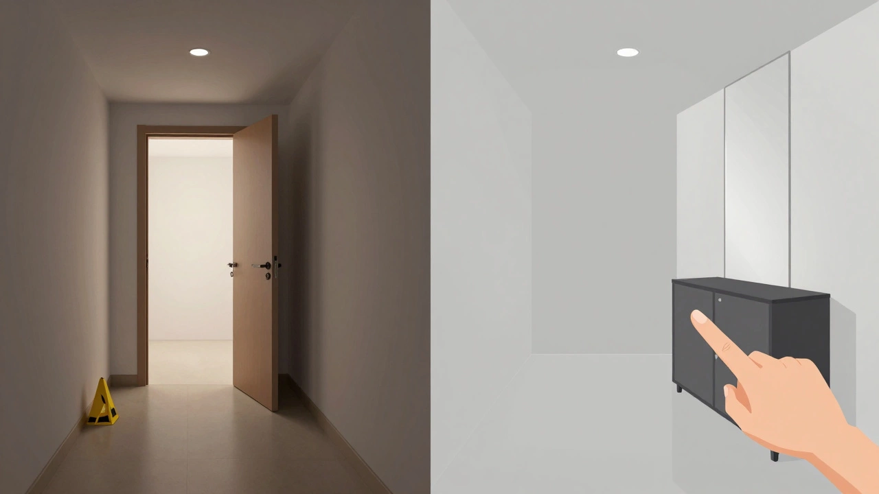 Сравнение до и после коридора: до — беспорядок и проблемы, после — умное освещение и рациональная планировка.