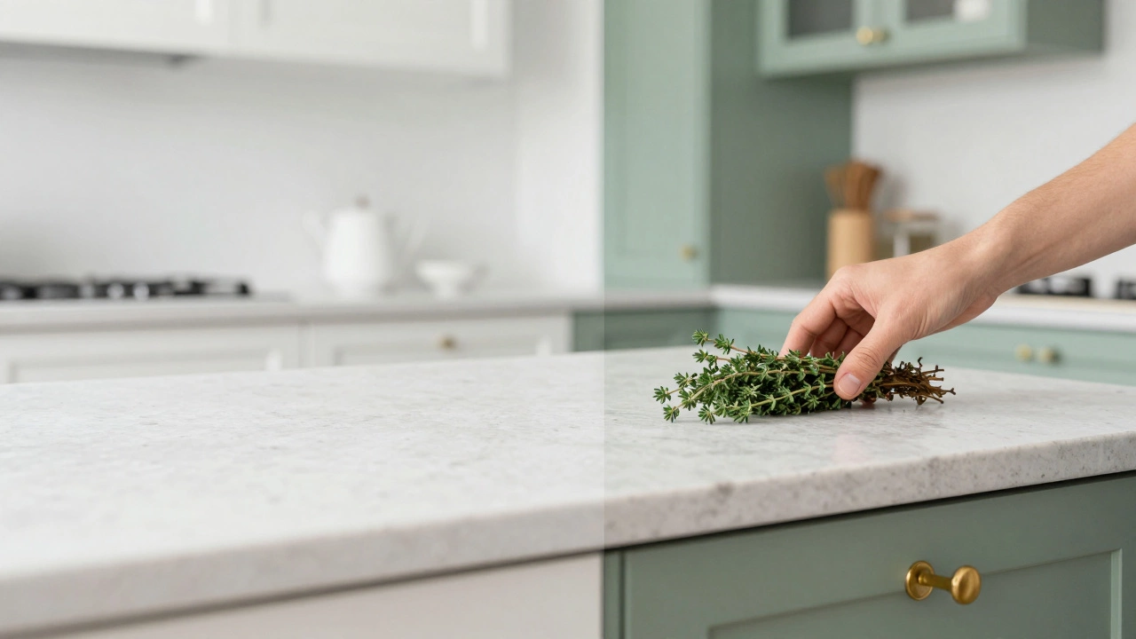 Сравнение холодной белой кухни и тёплой зелёной — один и тот же интерьер, но разное настроение: клиническое против умиротворяющего.