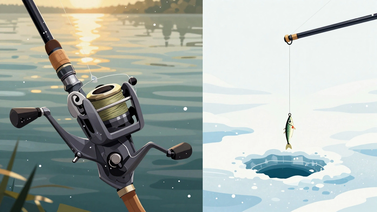 Сравнение летней и зимней снастей: толстая леска и катушка против тонкой лески с мормышкой.