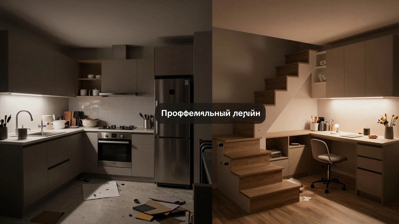 Сравнение неудачного и удачного дизайна кухни: хаос и идеальная организация.