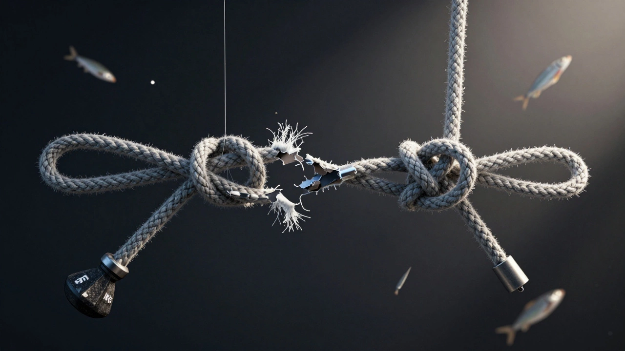 Сравнение: развязавшийся узел и надежный узел Гриннер под нагрузкой, световые акценты, символ силы.