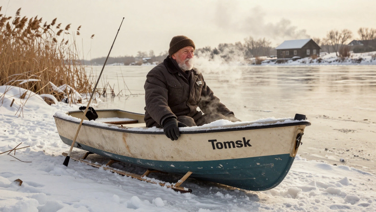 Старая резиновая лодка с надписью &#039;Томск-1978&#039; стоит на снегу у берега.