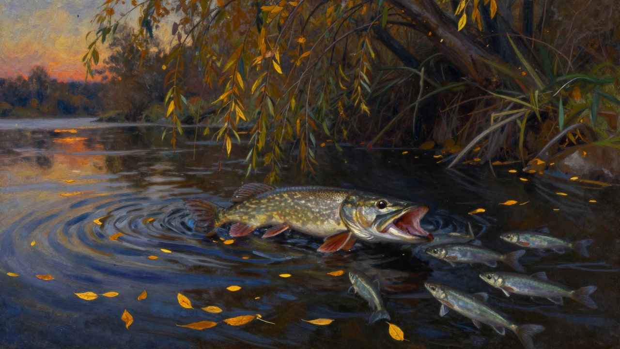 Щука атакует shoal мелкой рыбы на кромке глубины осенью при закате.