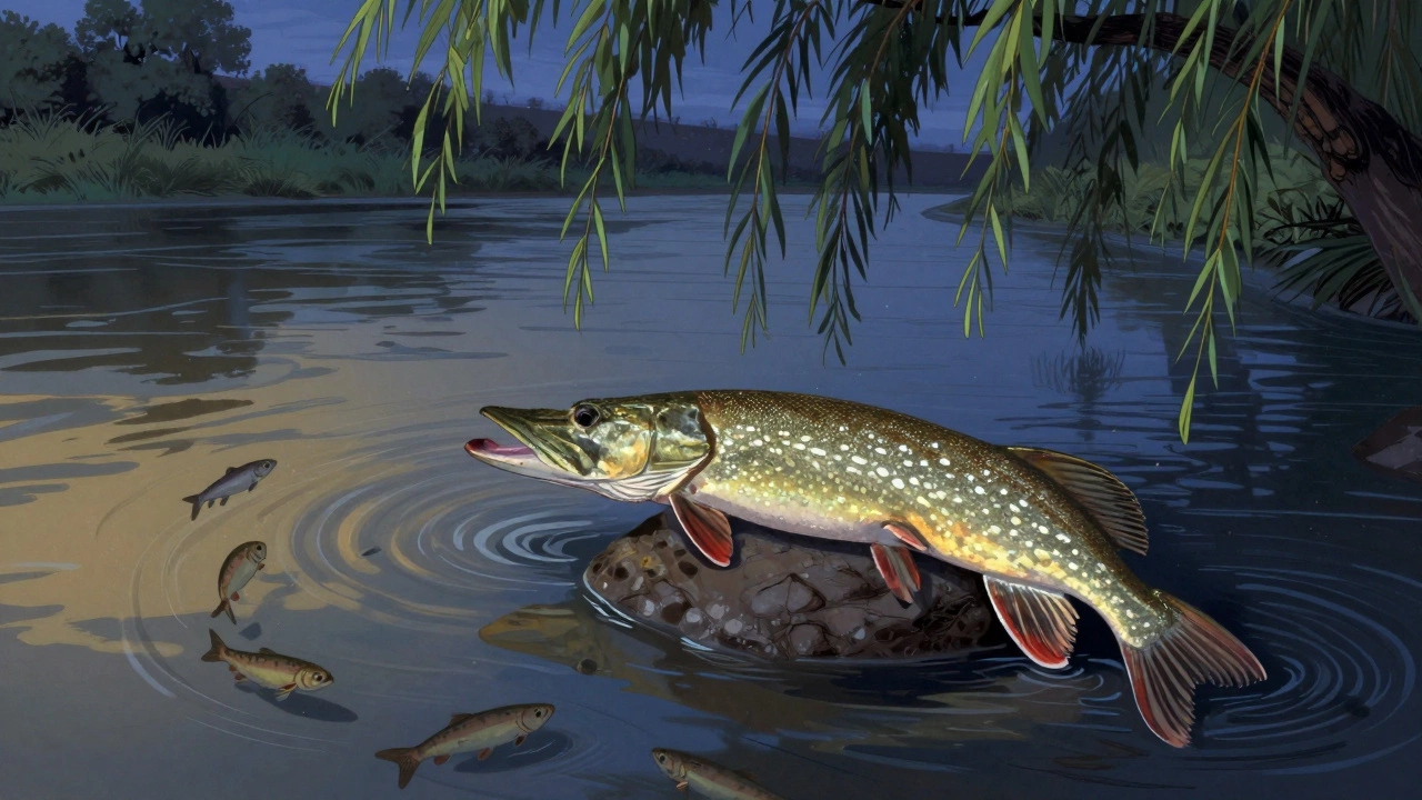 Щука атакует стаю мелкой рыбы в реке на закате, держась против течения.
