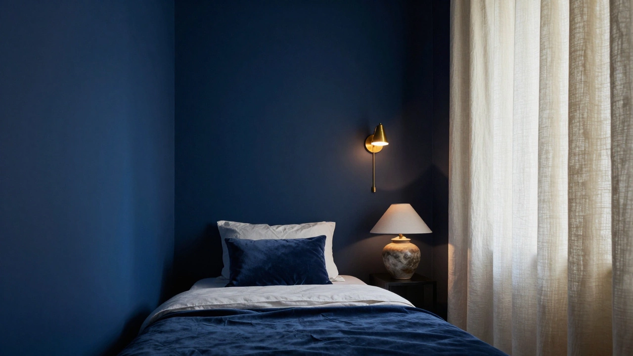 Темно-синяя стена за кроватью с теплым светом бра и бежевыми шторами, создающая уютную атмосферу.