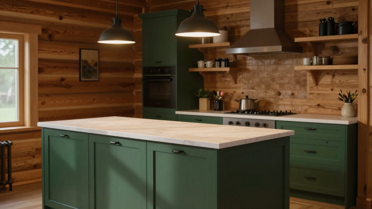 Тёмно-зелёный кухонный остров с белой мраморной столешницей и деревянными полками.