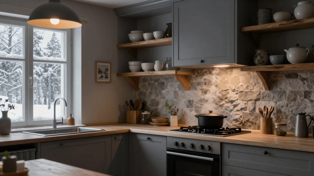 Теплая серая кухня в сибирском доме зимой с керамической посудой и розмарином на подоконнике.