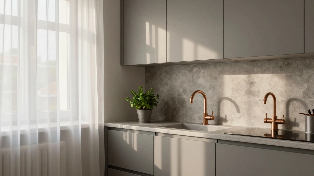Тёплый серый кухонный гарнитур с медной фурнитурой и бетонной плиткой, спокойная атмосфера.