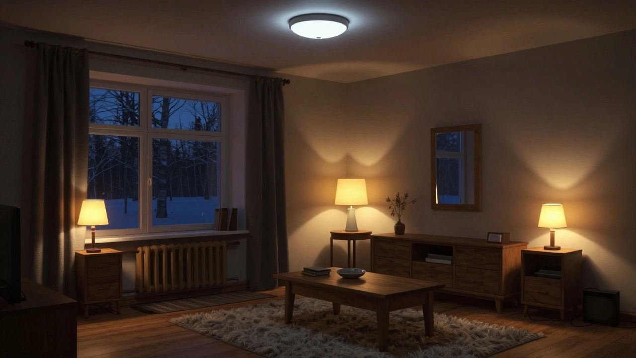 Три источника света в комнате: холодный потолочный и два тёплых — создающих контраст на мебели и ковре.