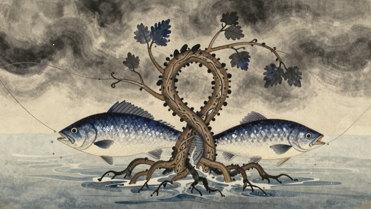 Узел Грейпвайн в виде виноградной лозы, оплетающей двух рыб — символ силы и терпения в ловле.