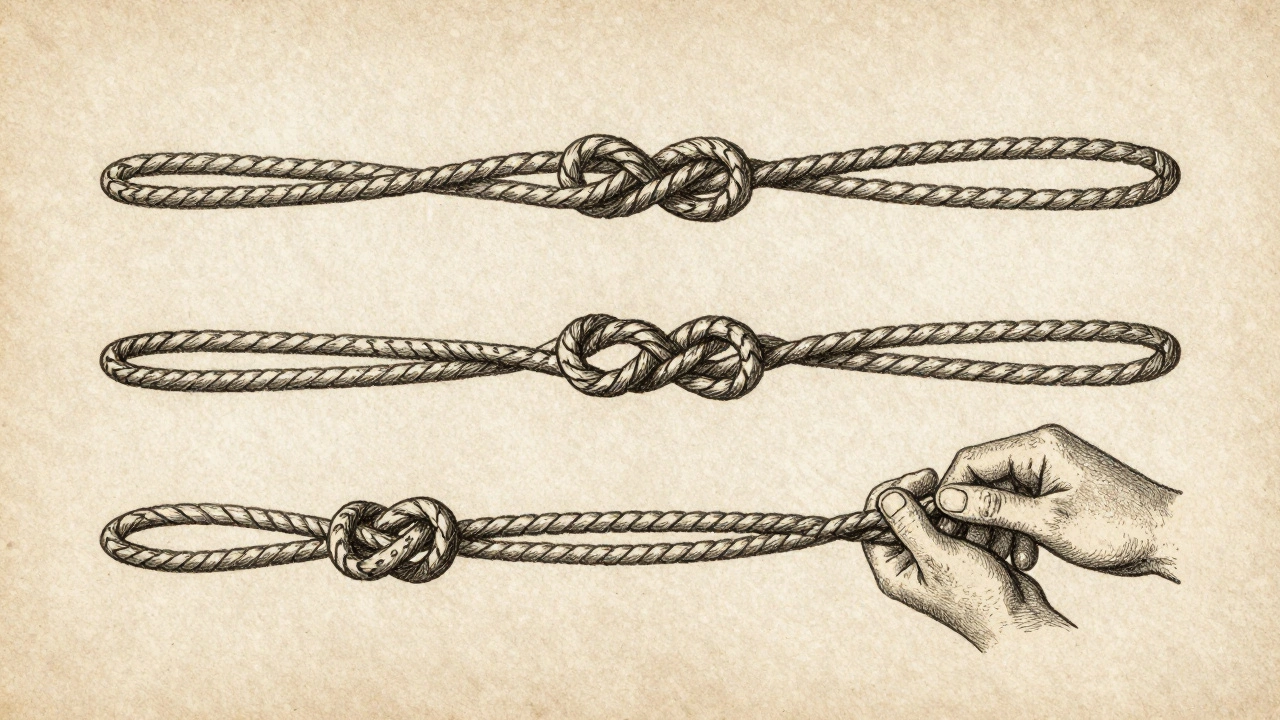 Винтажная иллюстрация пошагового завязывания двойного прямого узла.