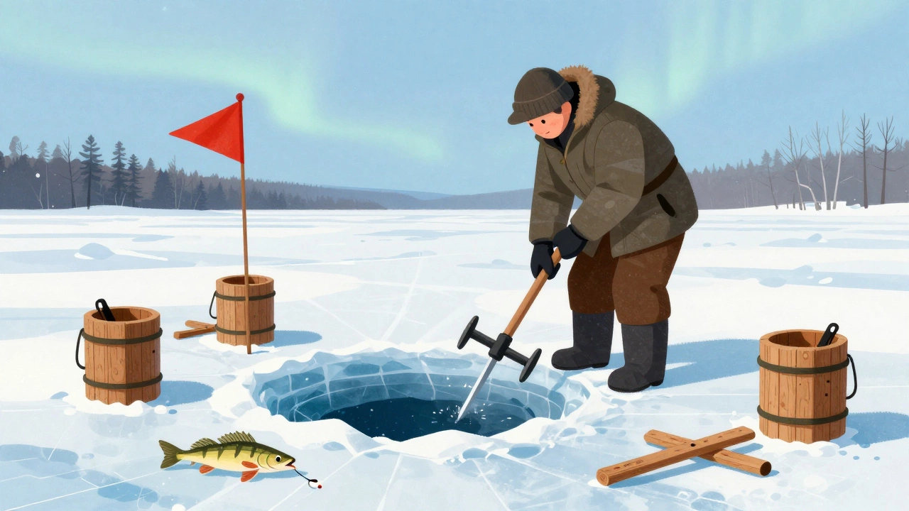 Зимняя рыбалка на льду в Сибири: рыбак с жерлицей и мормышкой на лунке.