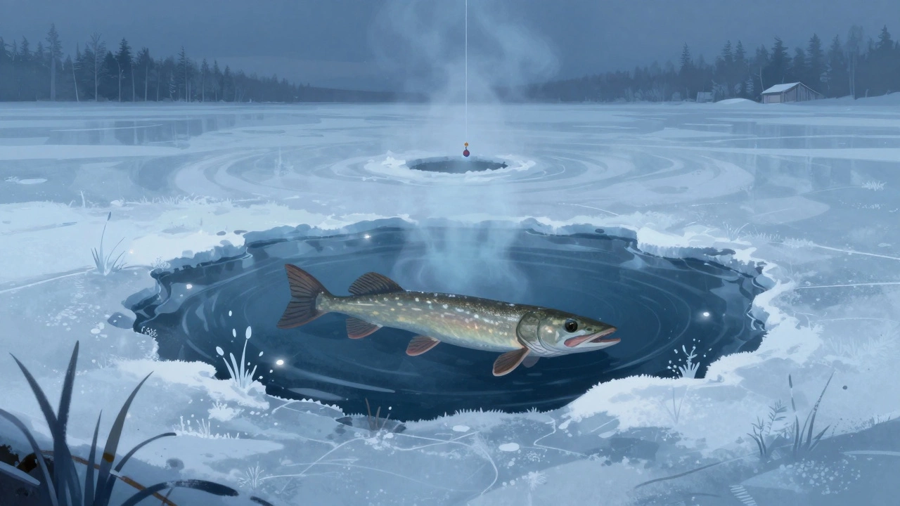 Зимняя щука плавает у подводного источника под льдом, где вода не замерзает.
