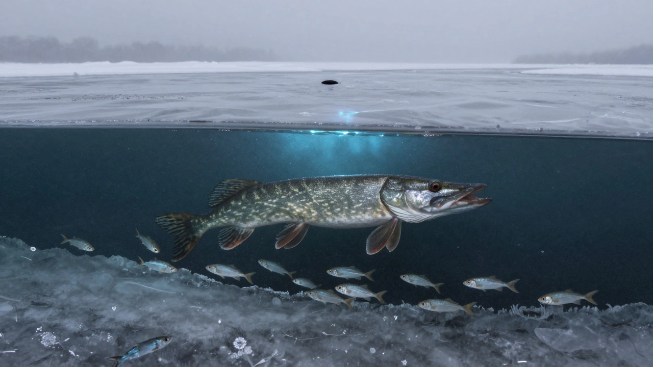 Зимняя щука плывёт под льдом у подводного холма, где скапливается корм.