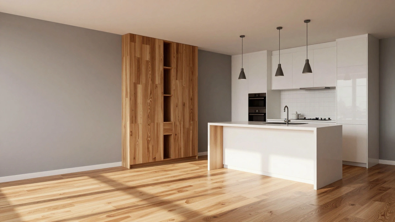 3D-визуализация современной гостиной с деревянным полом, серыми стенами и кухонным островом под утренним светом.