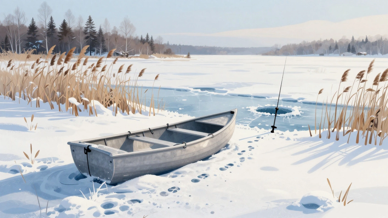 Алюминиевая шлюпка на снегу в зимней Сибири, рядом удочка в лунке на льду.