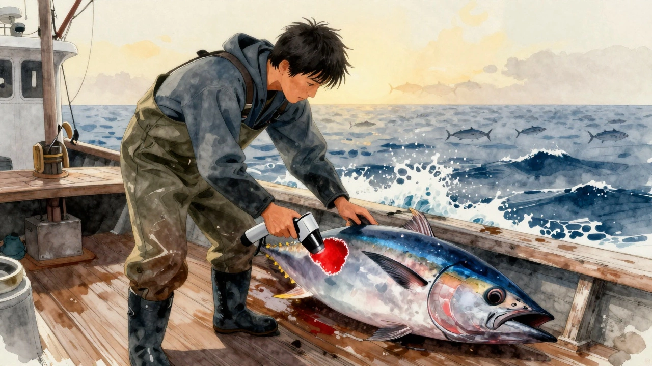 Японский рыбак проверяет тунца ультразвуковым сканером на палубе лодки на рассвете.