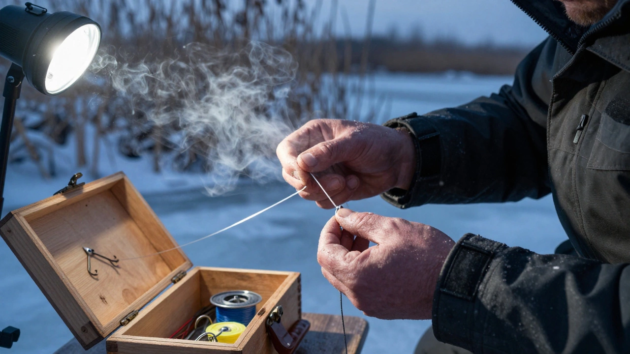 Близкий план рук рыбака, завязывающего узел на тонкой леске на морозе.