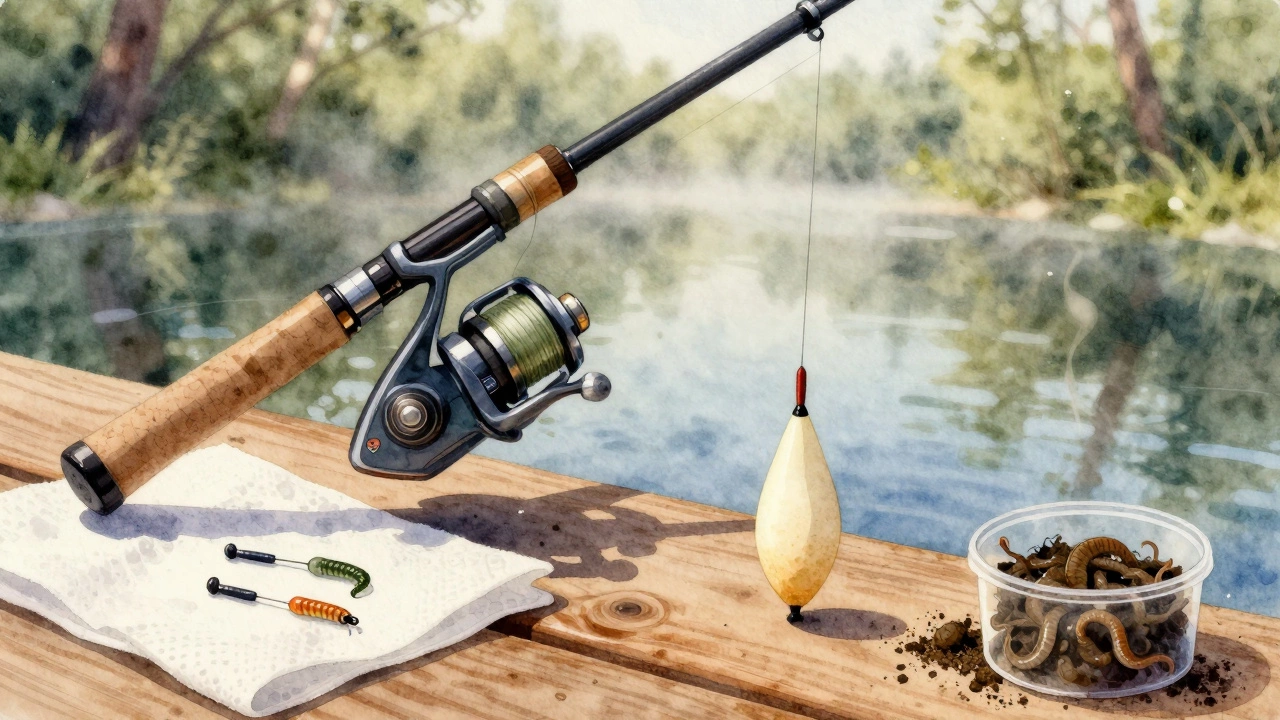 Ближний план оснастки для новичка: поплавок, грузила, крючок с червем и базовые аксессуары на деревянной поверхности.