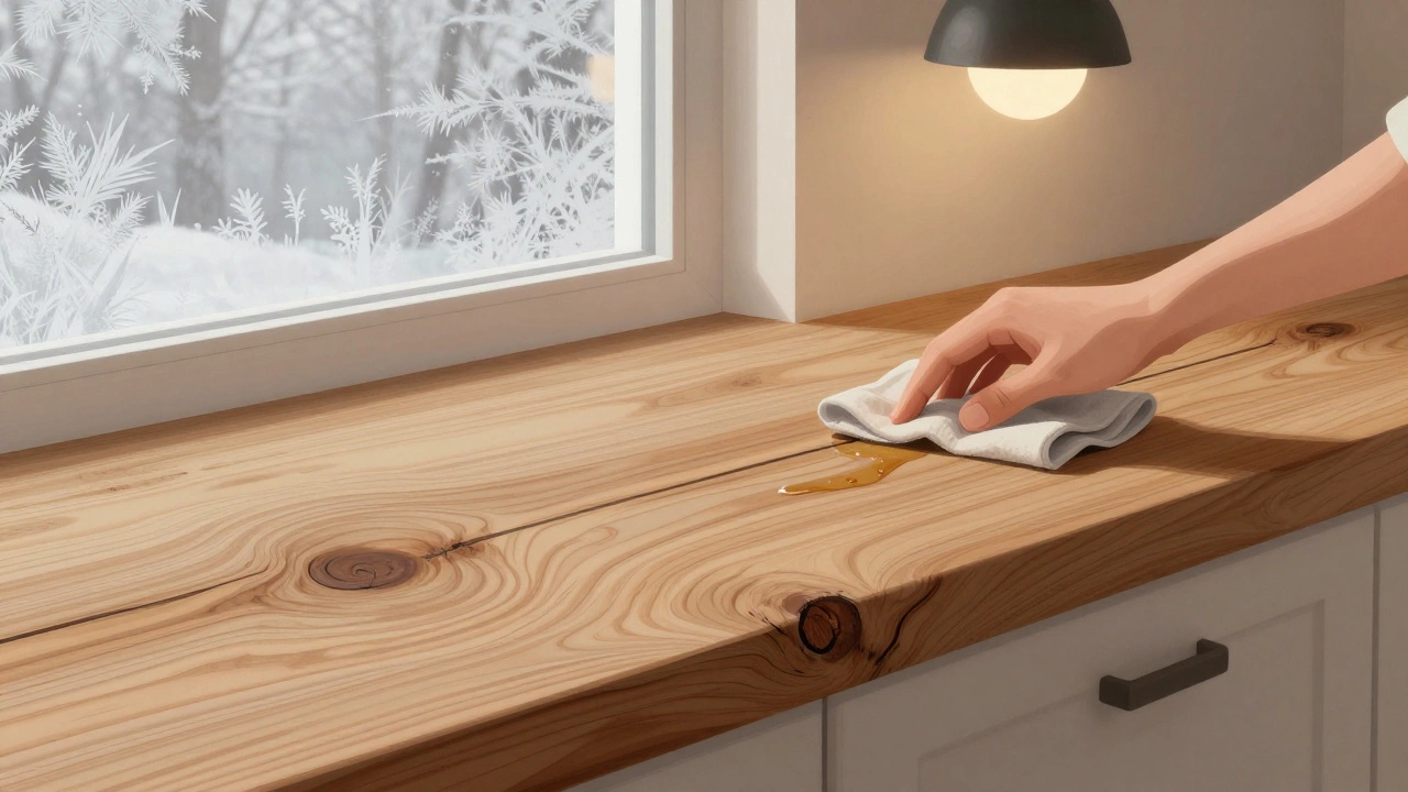 Деревянная столешница из переработанного дуба с натуральными трещинками и масляным покрытием.