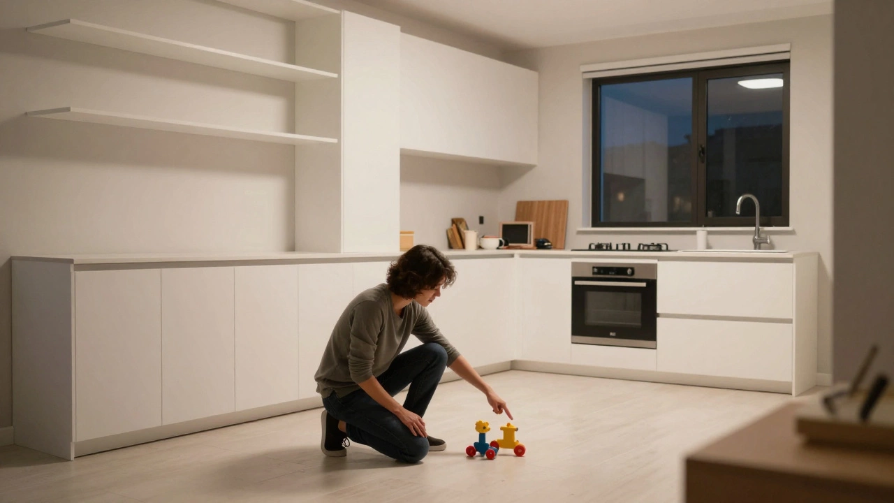 Дизайнер игнорирует клиента, который указывает на игрушку ребенка, в то время как интерьер не имеет места для хранения.