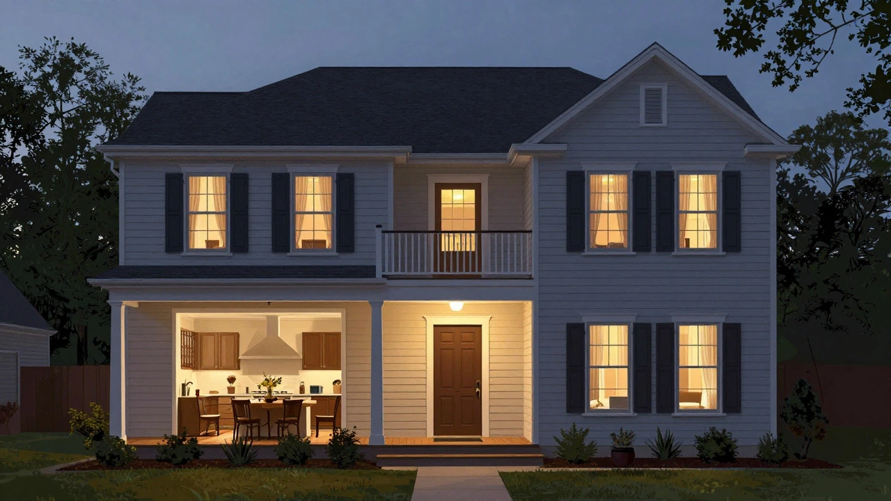 Двухэтажный дом в стиле колониального возрождения с открытым планом и встроенными шкафами.