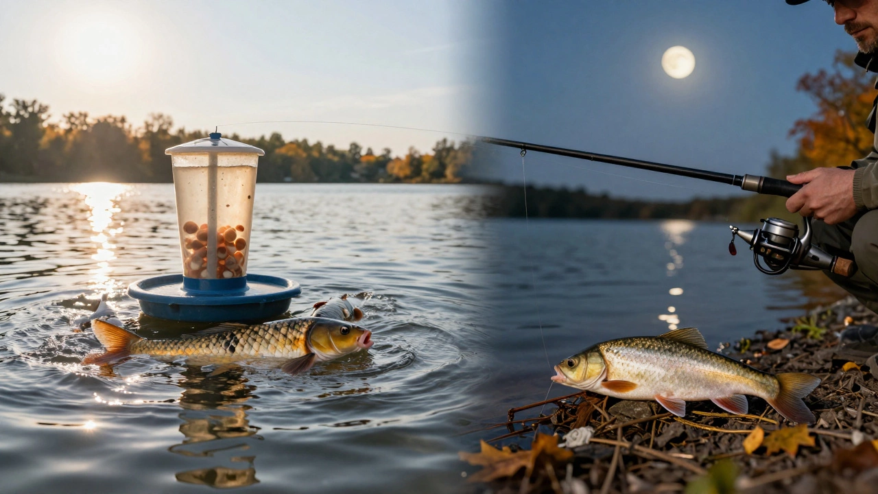 Двустороннее изображение: фидер для крупной рыбы на глубине и пикер для мелкой у берега.