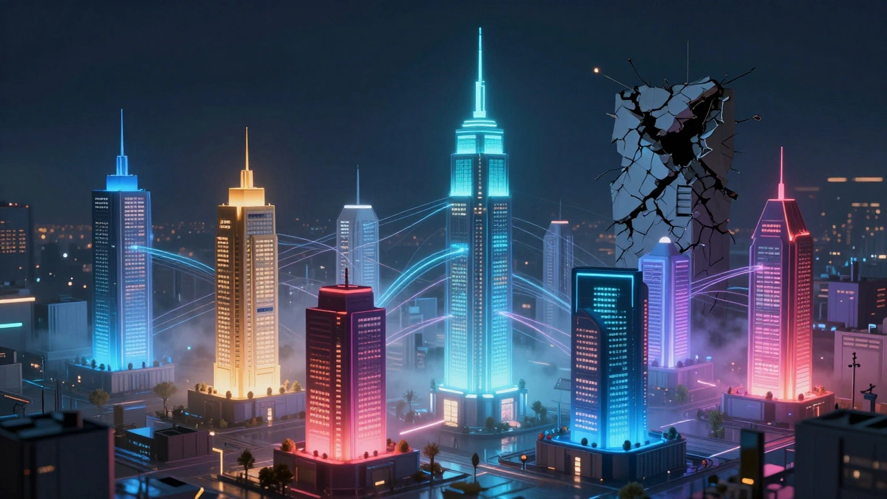 Город микросервисов с glowing башнями и потоками данных, в отличие от разрушающегося монолита.