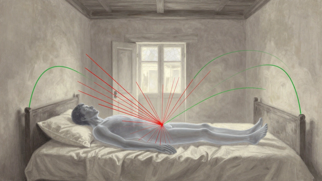 Концептуальное изображение: красные и зелёные линии показывают уязвимость и безопасность расположения кровати.