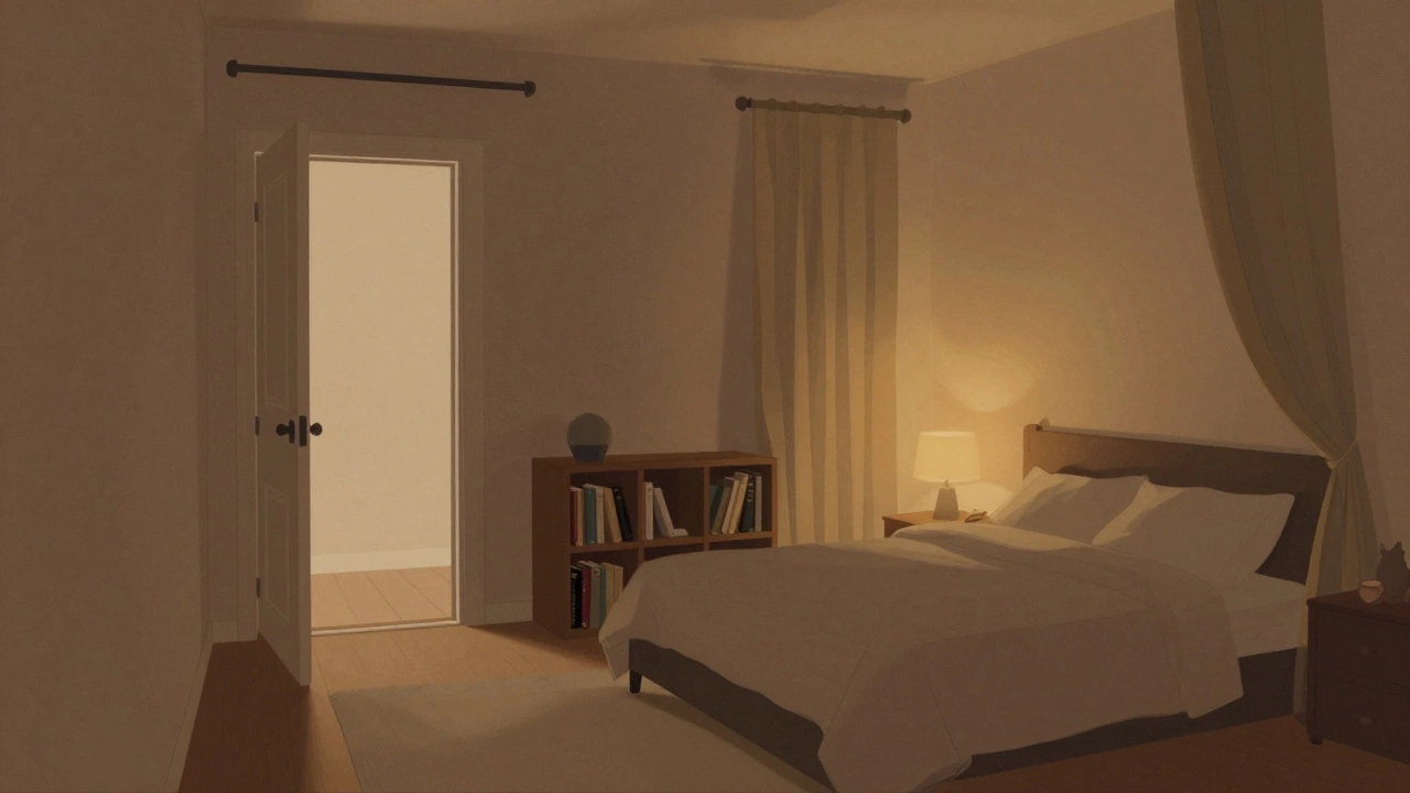 Кровать в углу комнаты, вид на дверь, тёплый свет и книжная полка как барьер.